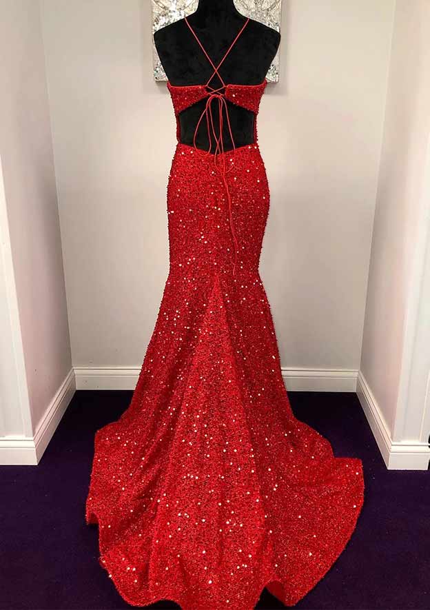Mermaid/Trumpet Halter Sleeveless Long Prom Dresses With Sequins - Image 3