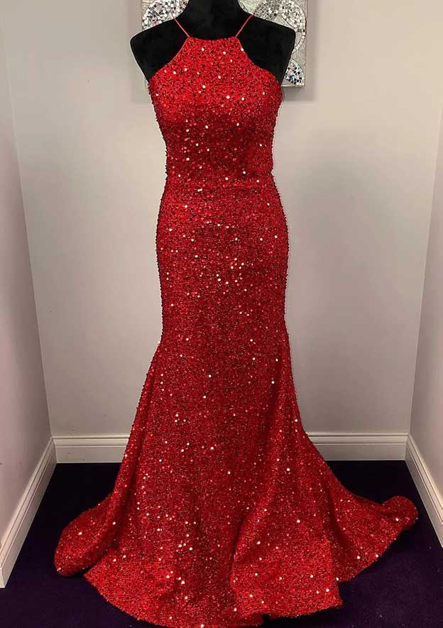 Mermaid/Trumpet Halter Sleeveless Long Prom Dresses With Sequins - Image 2