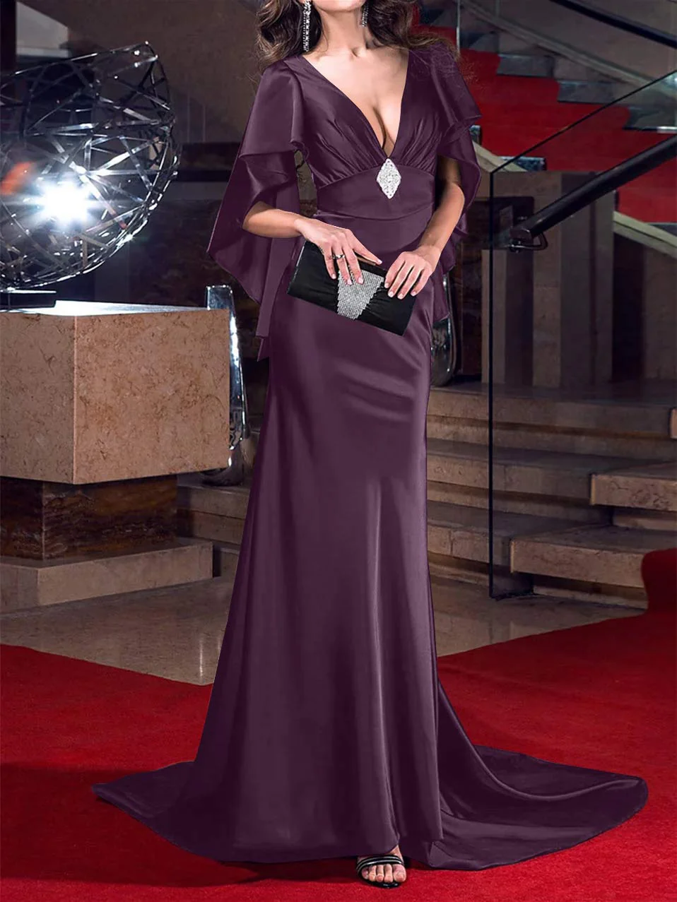Mermaid/Trumpet  Plunging Neck Sweep/Brush Train Evening Dresses with Crystals - Image 11