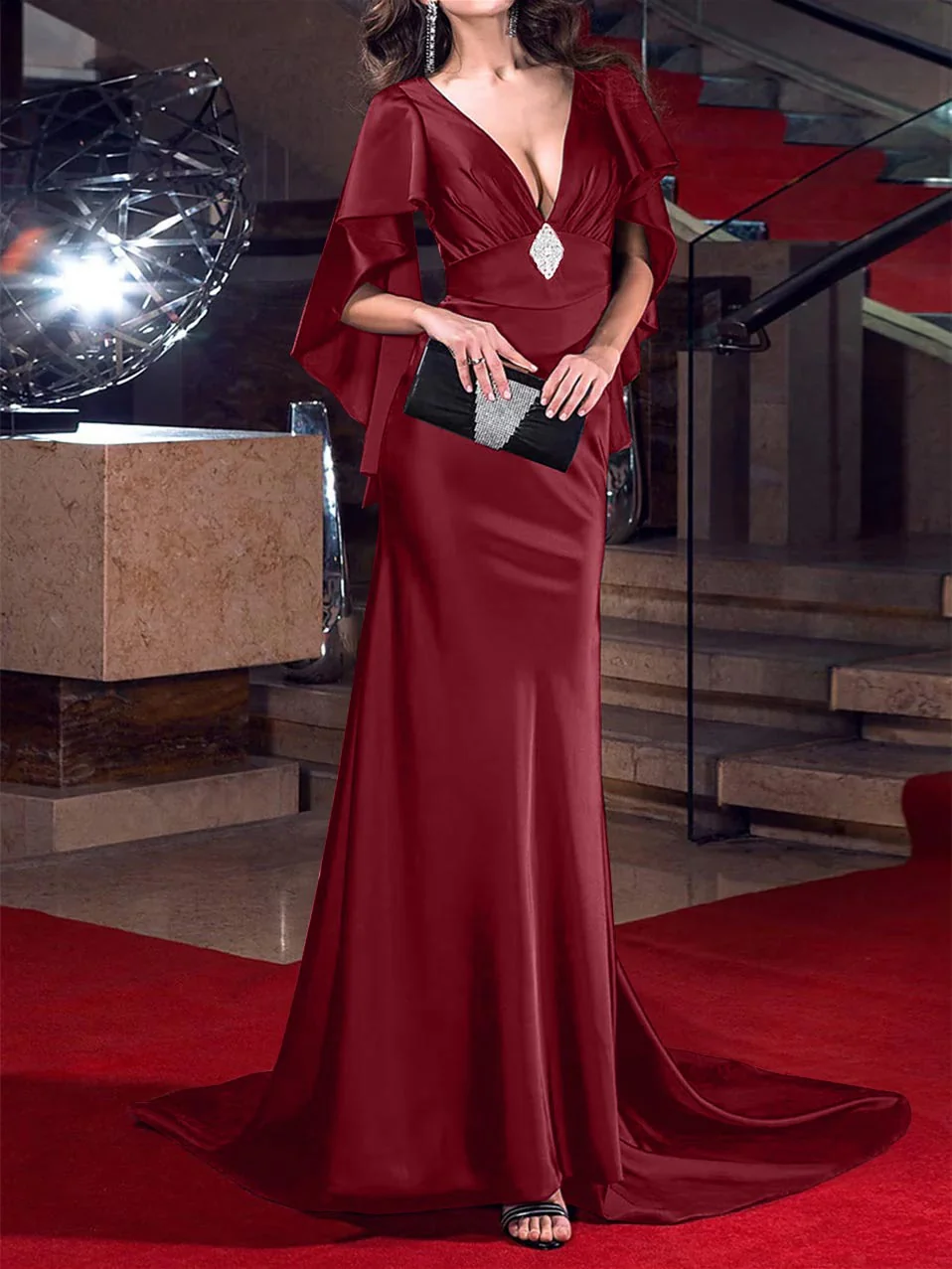 Mermaid/Trumpet  Plunging Neck Sweep/Brush Train Evening Dresses with Crystals - Image 7