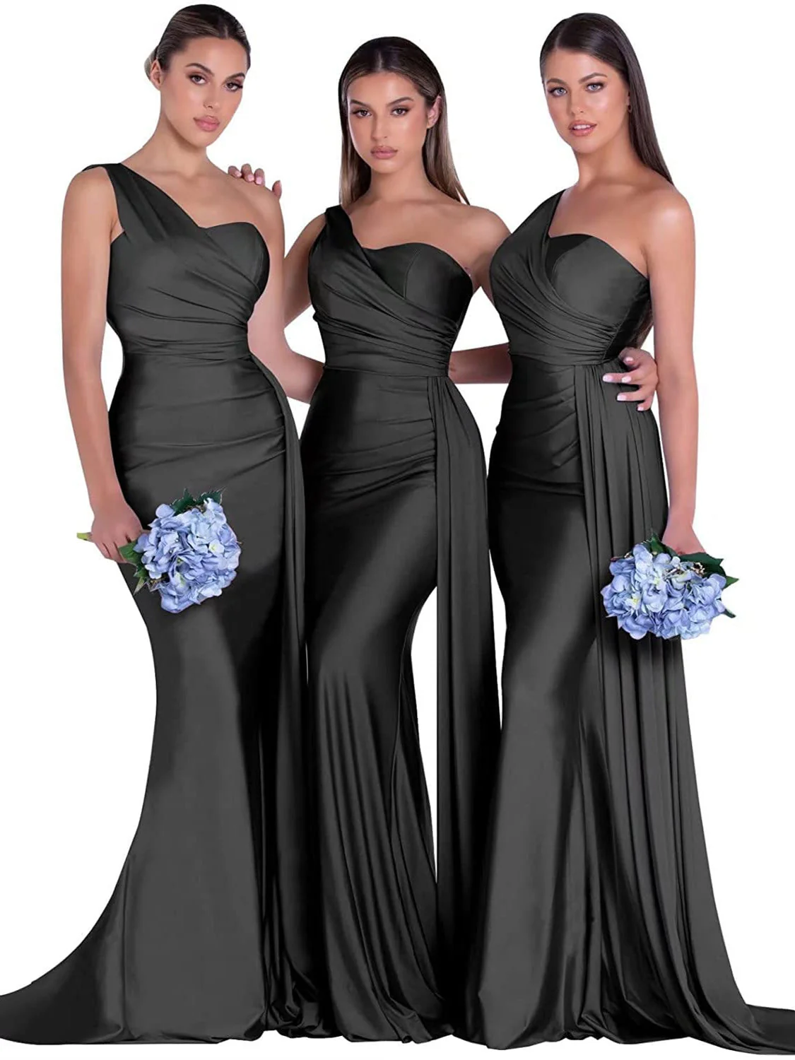 Mermaid/Trumpet Satin One-Shoulder Sleeveless Floor-Length Bridesmaid Dresses - Image 10