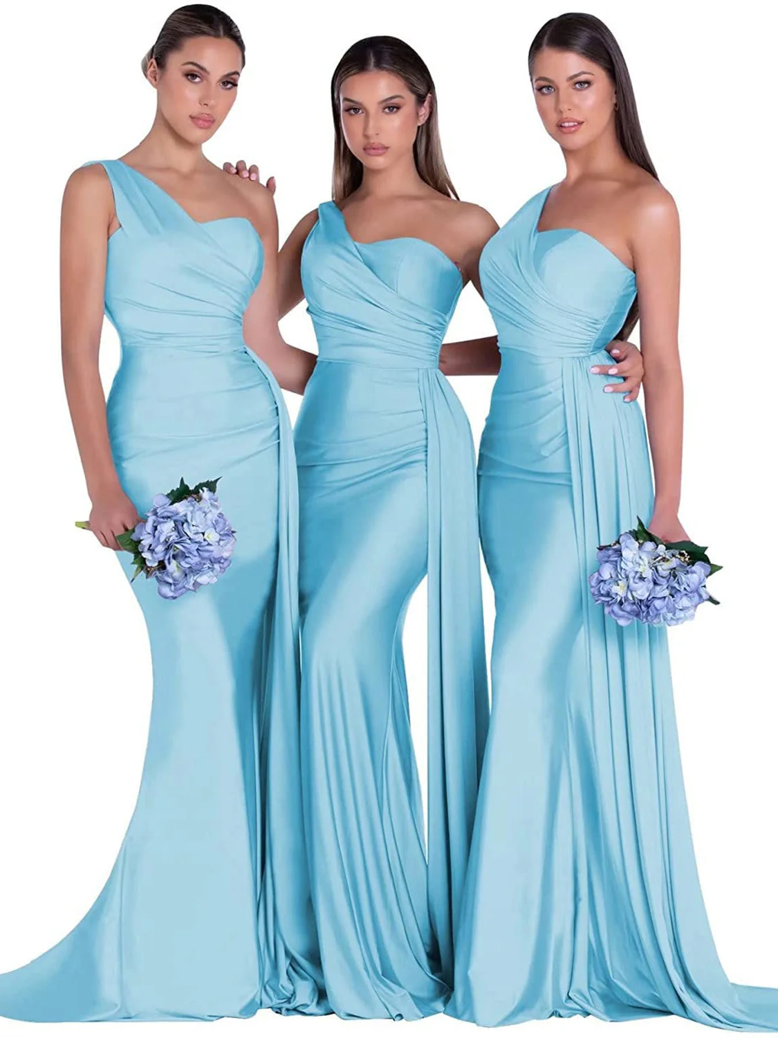 Mermaid/Trumpet Satin One-Shoulder Sleeveless Floor-Length Bridesmaid Dresses - Image 32