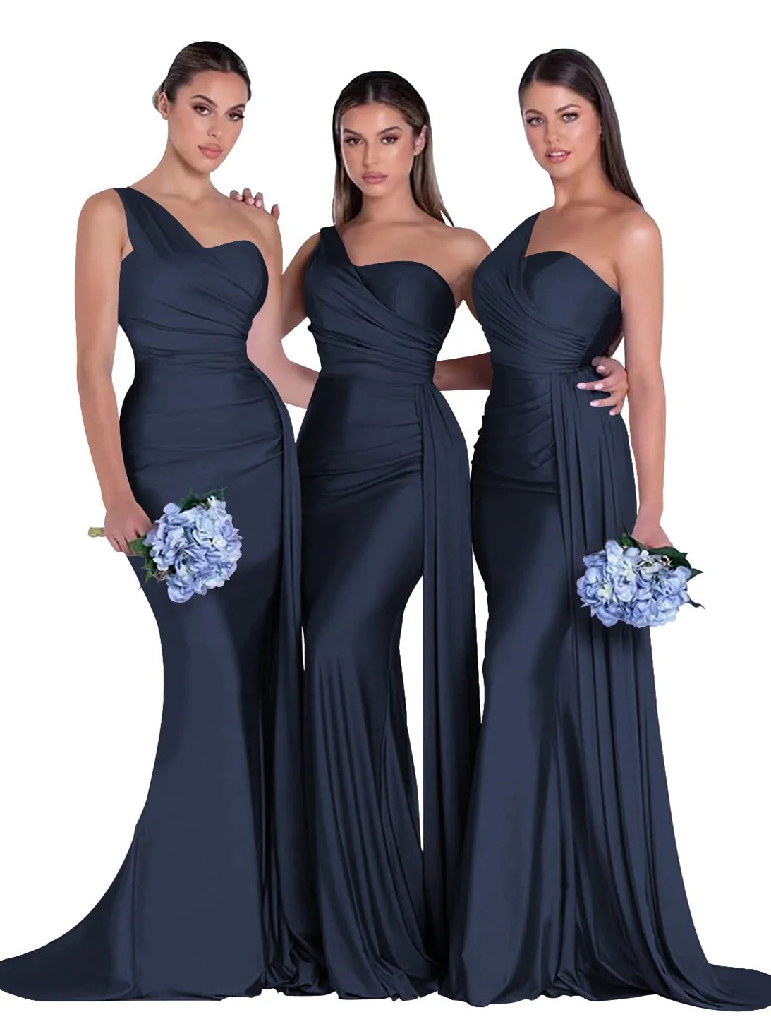 Mermaid/Trumpet Satin One-Shoulder Sleeveless Floor-Length Bridesmaid Dresses - Image 8