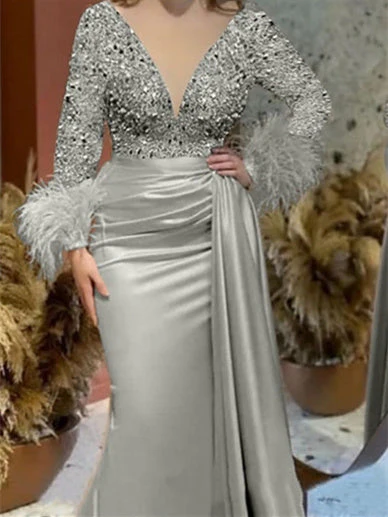 Mermaid/Trumpet V Neck Long Sleeve Court Train Mother of the Bride Dresses Satin with Feather Glitter Ruched - Image 4