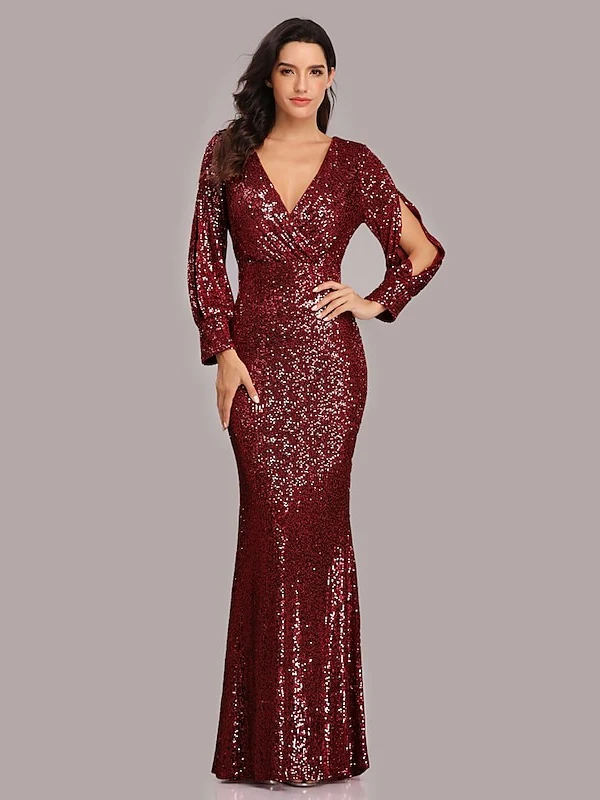 Mermaid/Trumpet V-Neck Long Sleeves Floor-Length Party Cocktail Dress with Sequins - Image 4