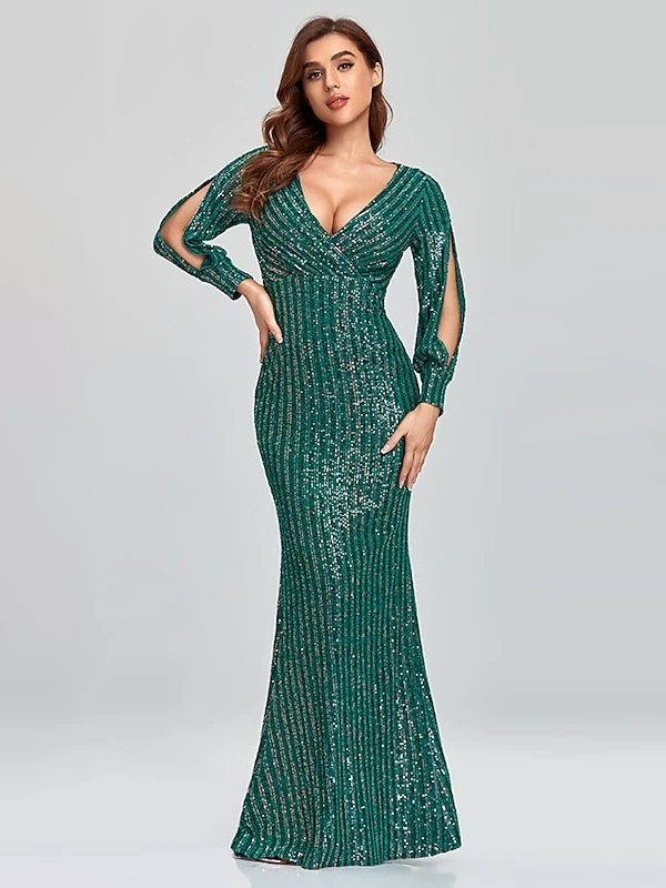 Mermaid/Trumpet V-Neck Long Sleeves Floor-Length Party Cocktail Dress with Sequins - Image 5