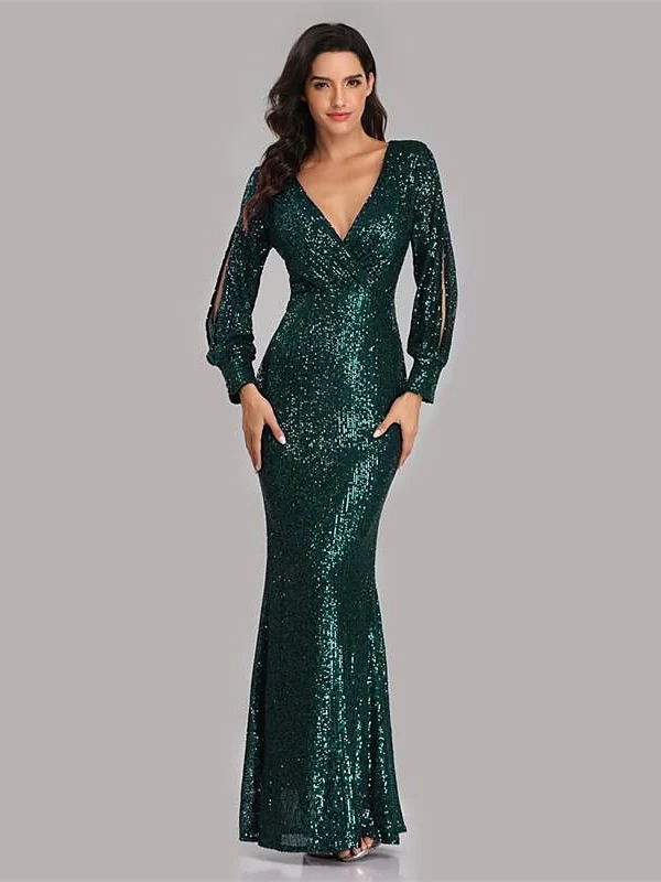Mermaid/Trumpet V-Neck Long Sleeves Floor-Length Party Cocktail Dress with Sequins - Image 7