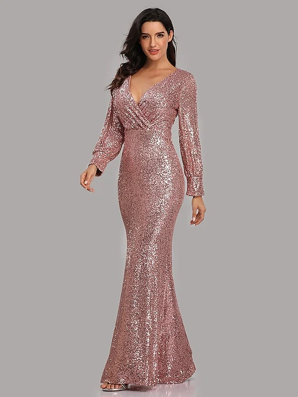Mermaid/Trumpet V-Neck Long Sleeves Floor-Length Party Cocktail Dress with Sequins - Image 8