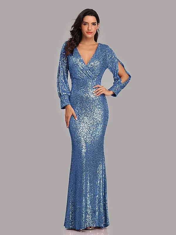 Mermaid/Trumpet V-Neck Long Sleeves Floor-Length Party Cocktail Dress with Sequins - Image 9