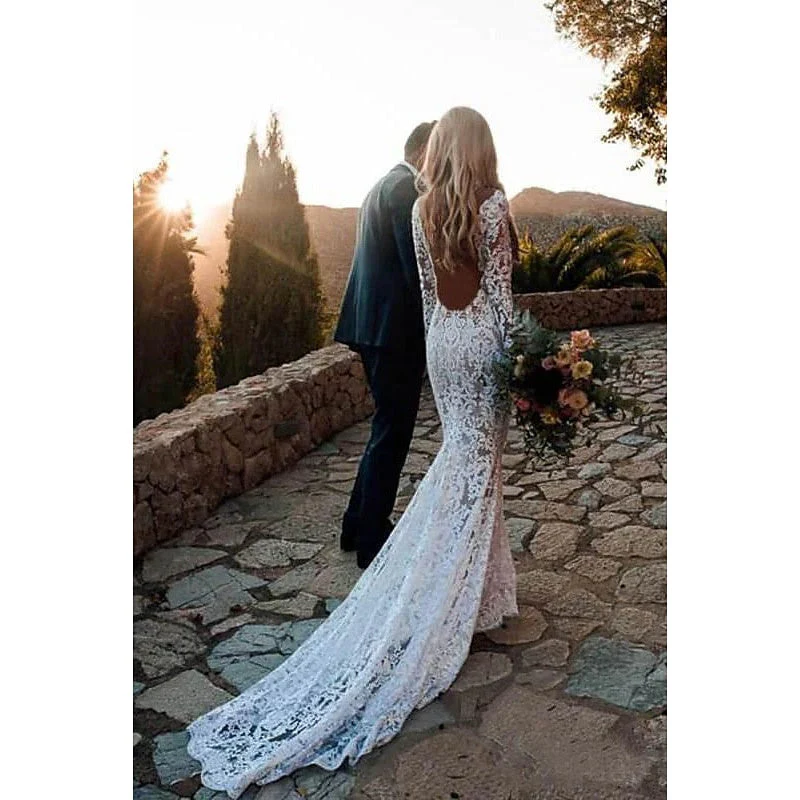 Mermaid / Trumpet V-Neck Long Sleeves Wedding Dresses Court Train with Appliques - Image 2