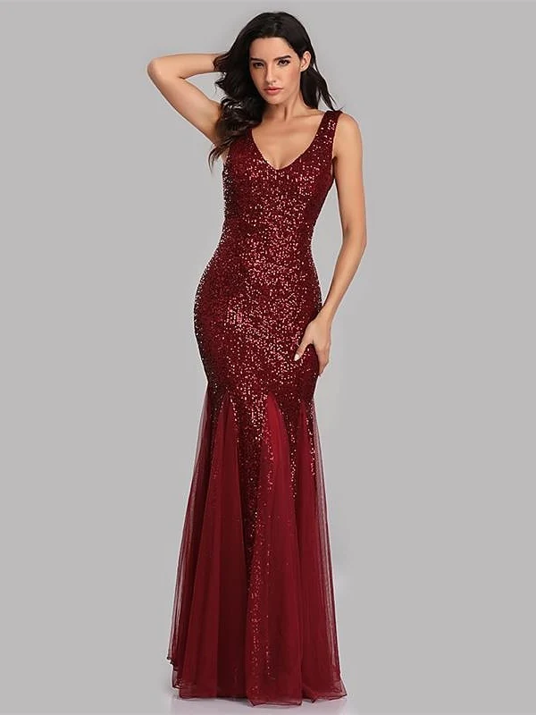 Mermaid/Trumpet V-Neck Sleeveless Floor-Length Party Cocktail Dress with Sequins - Image 7