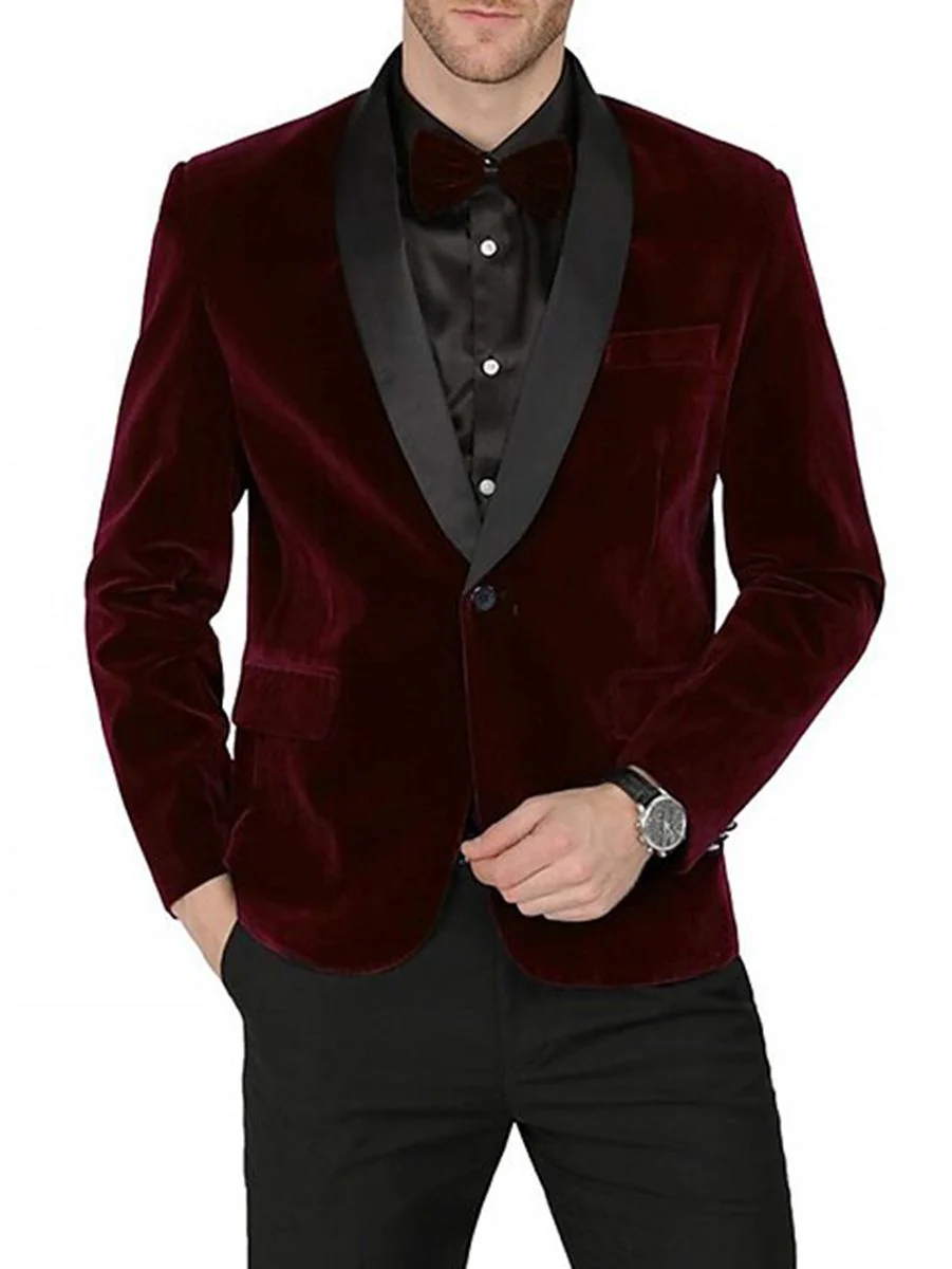 Green Blue Burgundy Men's Velvet Regular Single Breasted One-Button Party Suits Jacket - Image 2