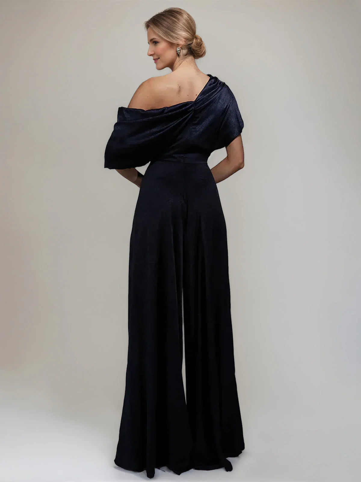 One Shoulder Floor-Length Short Sleeves Wide-Leg Mother of the Bride Jumpsuits - Image 2