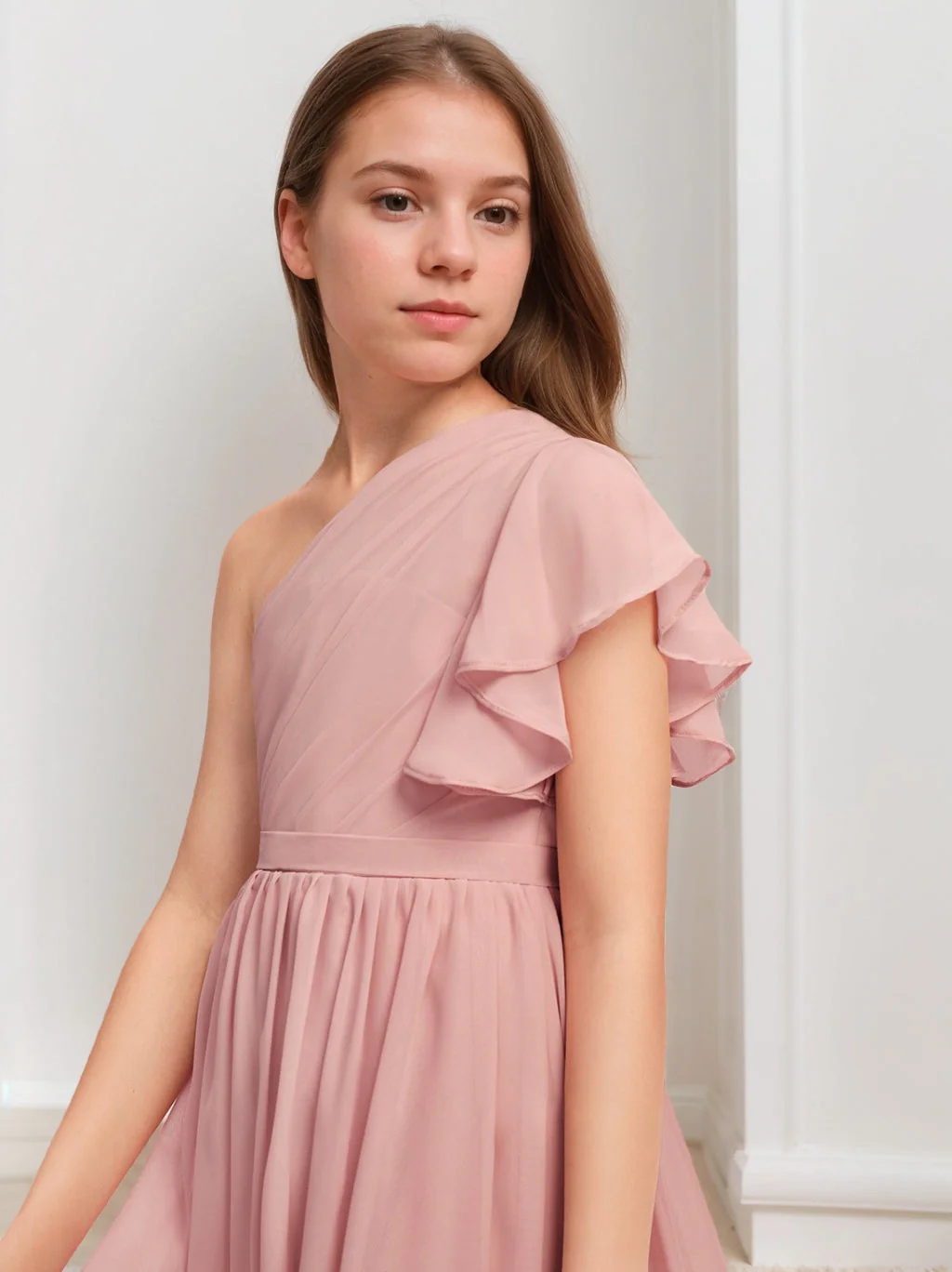 One-Shoulder Sleeveless High Low Junior Bridesmaid Dresses with Sash - Image 3
