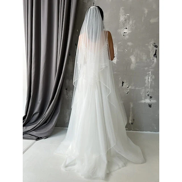 One-tier Stylish / Simple Wedding Veil Chapel Veils with Beading Tulle - Image 2