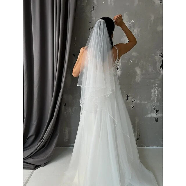 One-tier Stylish / Simple Wedding Veil Chapel Veils with Beading Tulle - Image 3