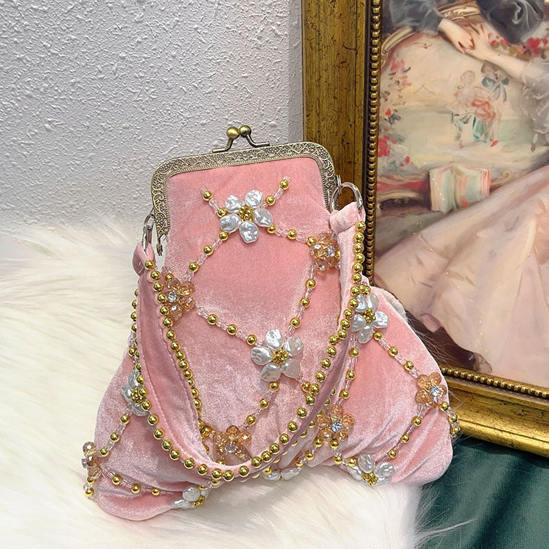 Pink Delicate Traditional Velvet Flower Evening Clutch Bag with Beadings - Image 2