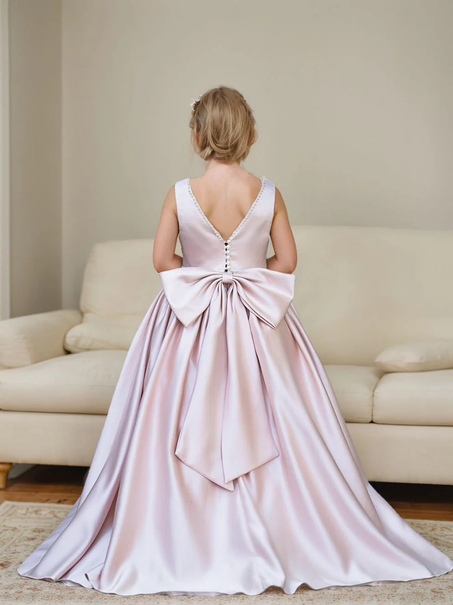Pink Sleeveless Satin Beaded Neckline and Bow Detail Dress - Image 4