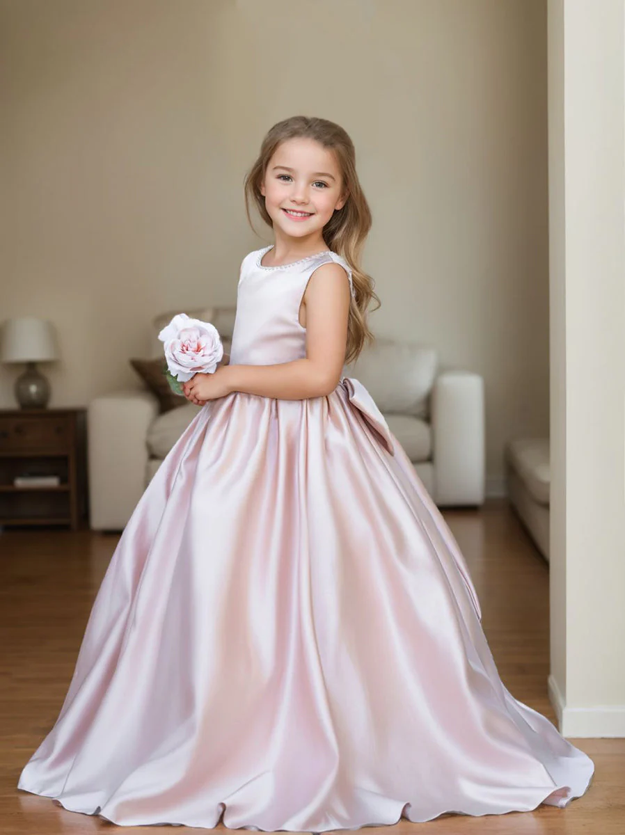 Pink Sleeveless Satin Beaded Neckline and Bow Detail Dress - Image 6