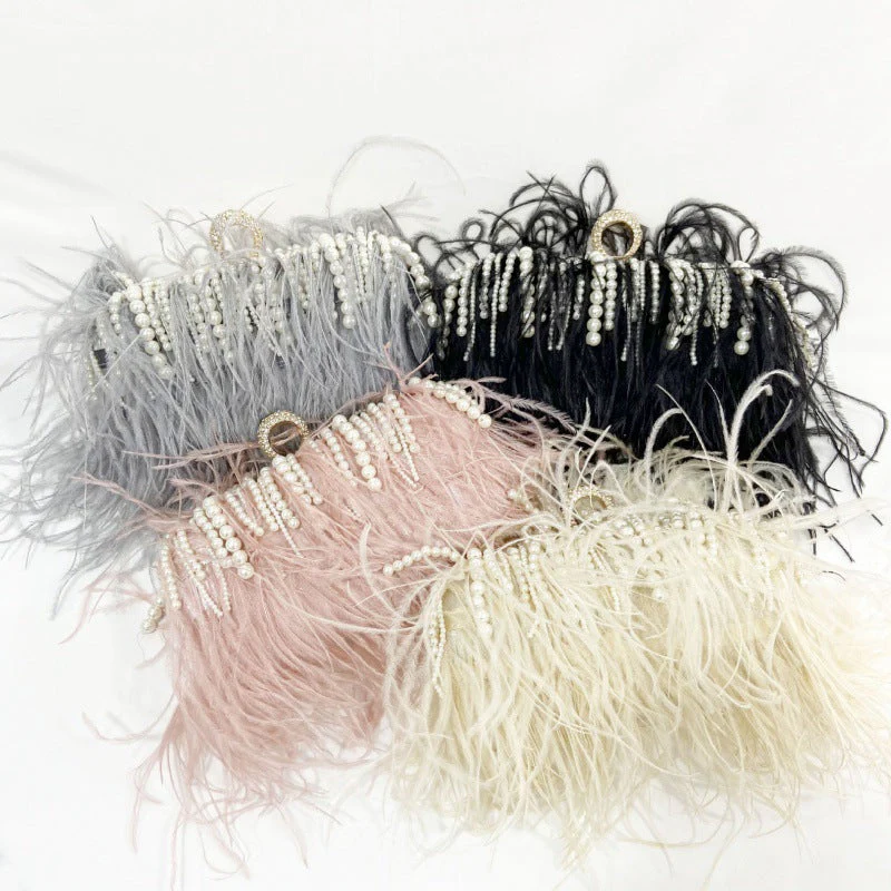 Pleated Chain Ostrich Feather Clutch Hand Bags - Image 5