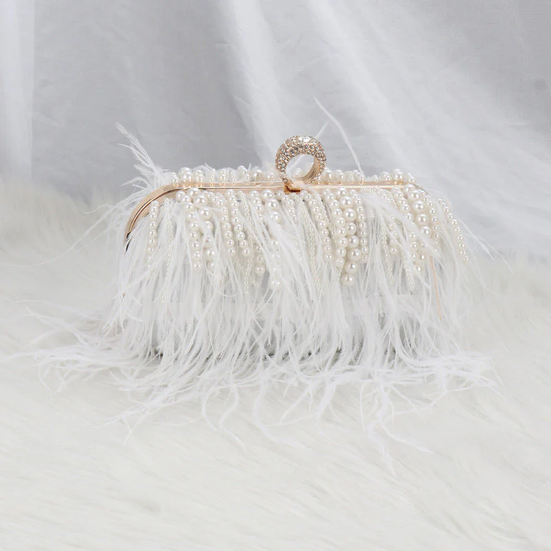 Pleated Chain Ostrich Feather Clutch Hand Bags - Image 6