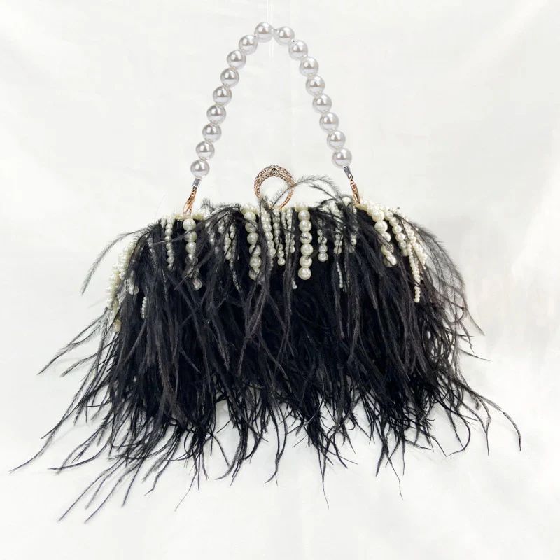 Pleated Chain Ostrich Feather Clutch Hand Bags - Image 8