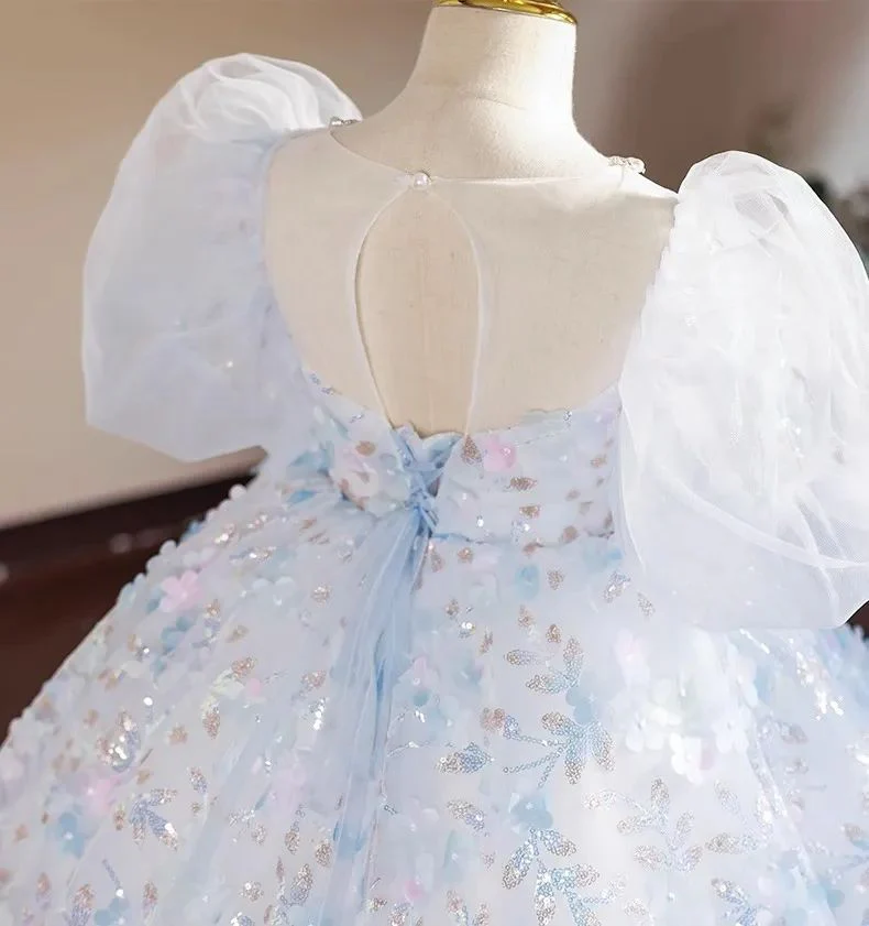 Princess Short Sleeves Ball Gown Girl Party Dress with Crystal Flower Appliques - Image 5