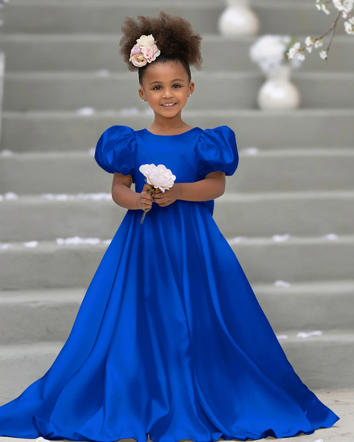 Puff Sleeve Bow Button Back Sweep Train Flower Girl Dress - Image 18
