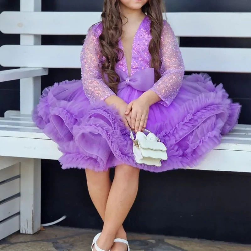 Purple Ball Gown Round Neck Long Sleeves Elegant Flower Girl Dress with Sequins & Bow - Image 3