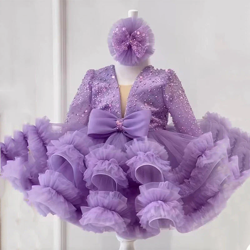 Purple Ball Gown Round Neck Long Sleeves Elegant Flower Girl Dress with Sequins & Bow - Image 4