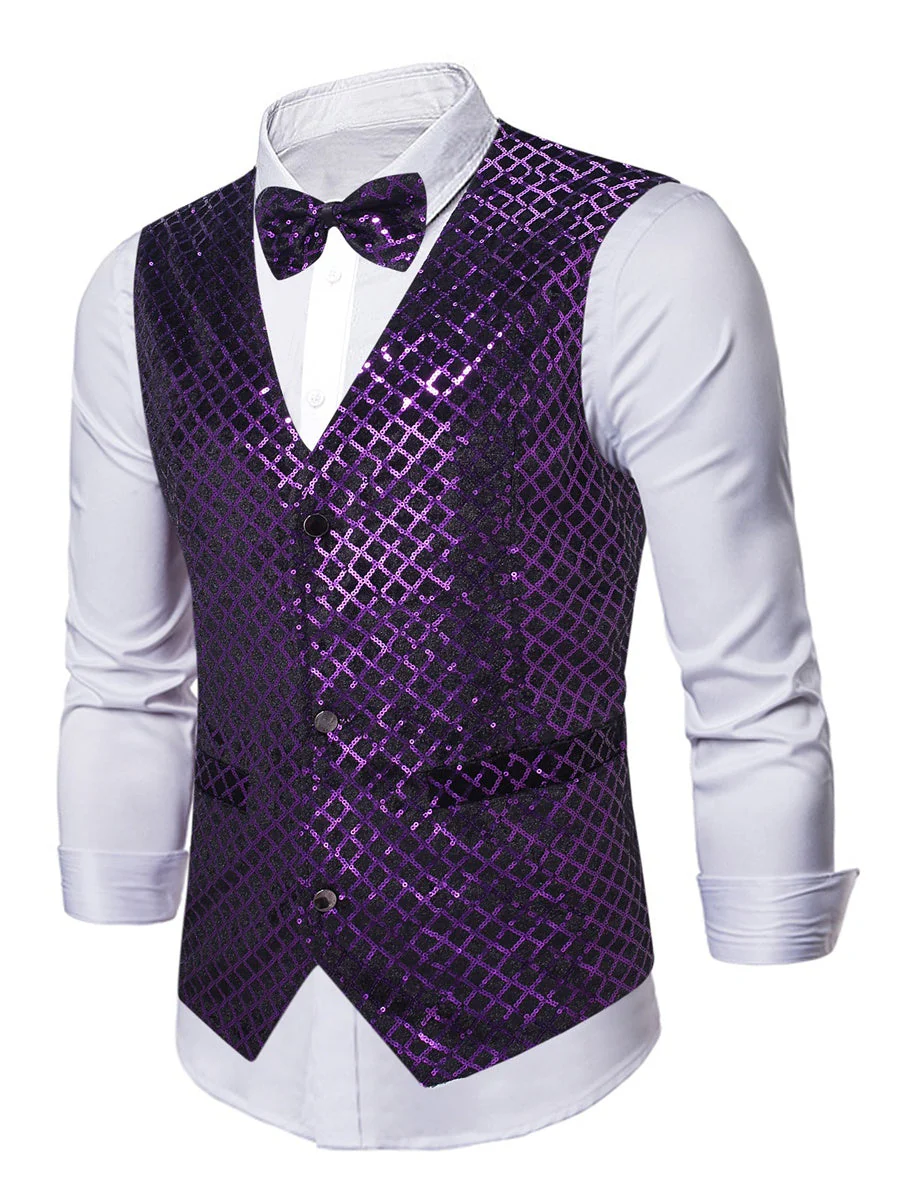 Purple Men's Sequins V-Neck Single Breasted Buttons Sparkling Party Vest with Pocket & Belt - Image 3