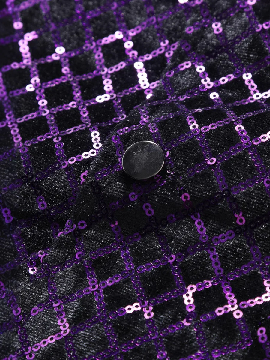 Purple Men's Sequins V-Neck Single Breasted Buttons Sparkling Party Vest with Pocket & Belt - Image 5