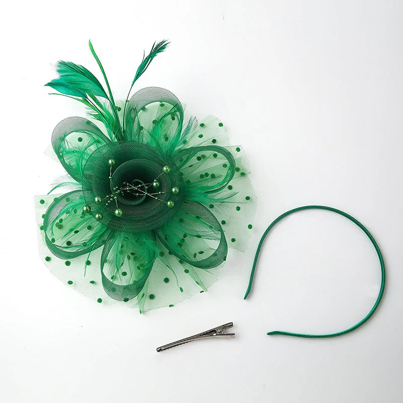 Retro Green Tea Party Cocktail Mesh Feather Flower Headband/Fascinator - Image 2