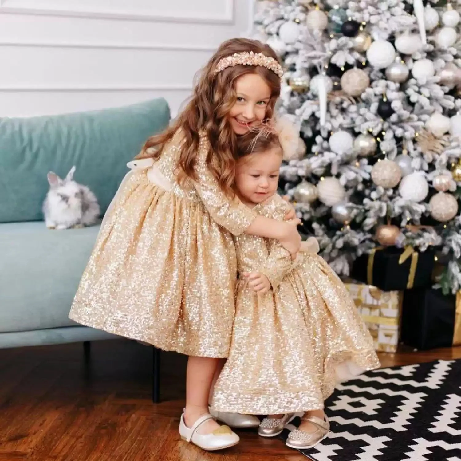 Round Neck Long Sleeves Floor Length Sequins Flower Girl Party Dress with Sash - Image 2