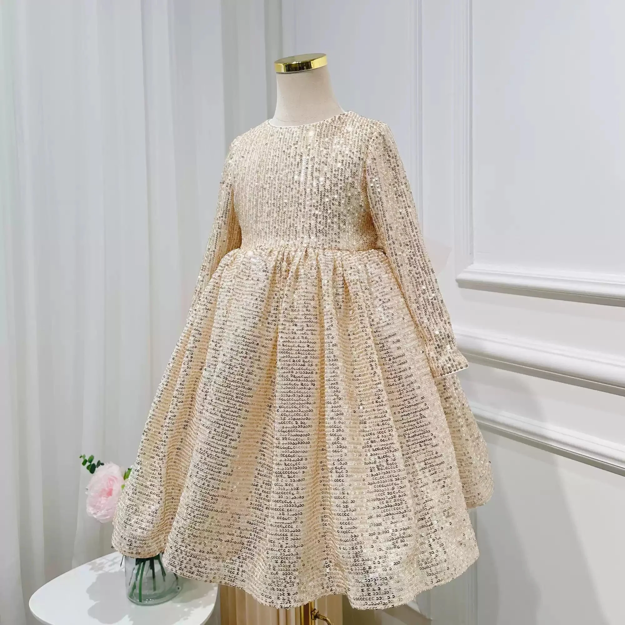 Round Neck Long Sleeves Floor Length Sequins Flower Girl Party Dress with Sash - Image 3