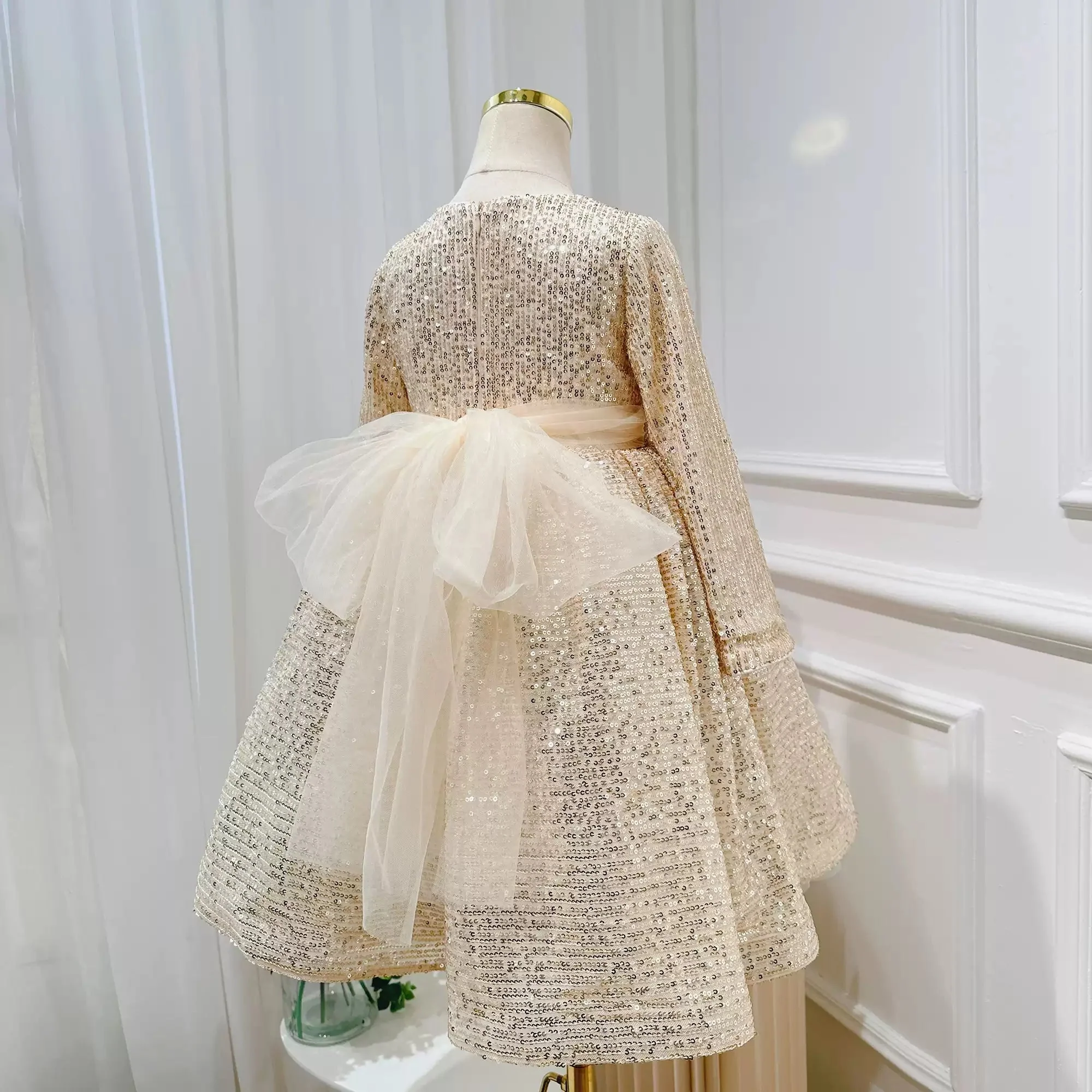 Round Neck Long Sleeves Floor Length Sequins Flower Girl Party Dress with Sash - Image 4
