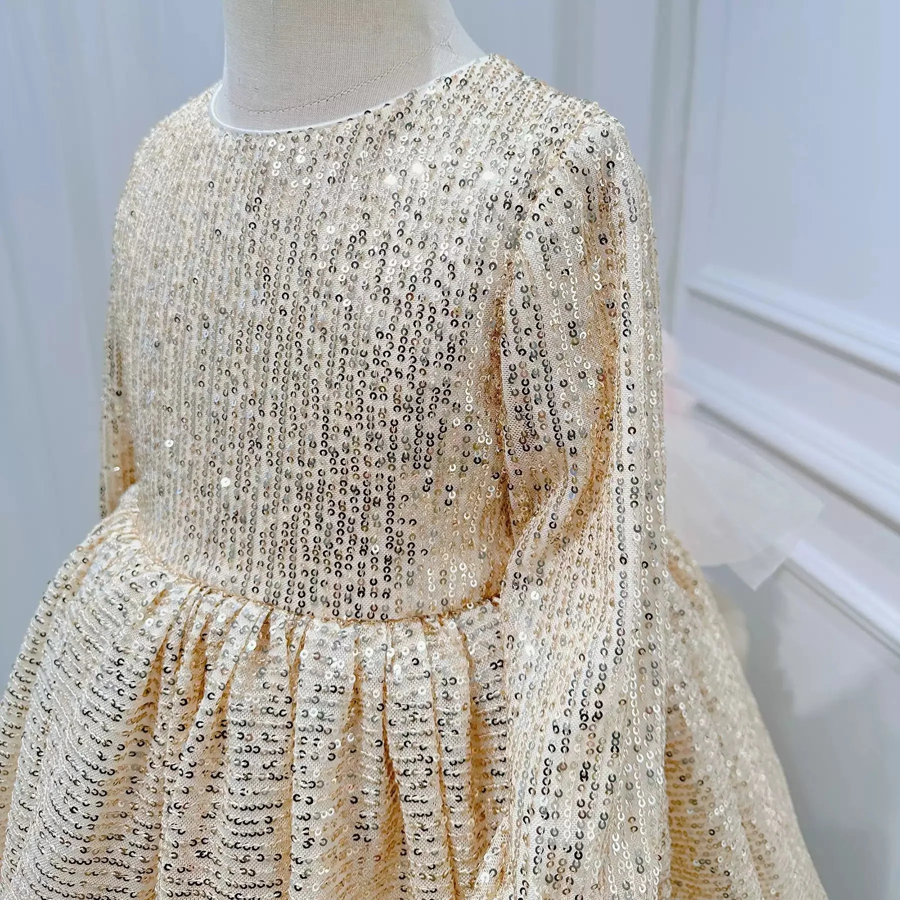 Round Neck Long Sleeves Floor Length Sequins Flower Girl Party Dress with Sash - Image 6