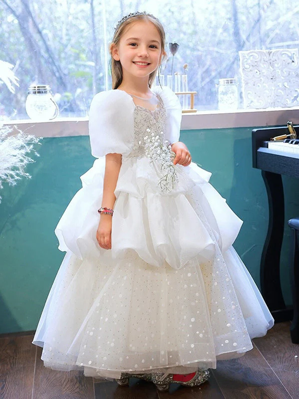 Round Neck Rushed Floor-Length Flower Girl Dresses with  Appliques - Image 2