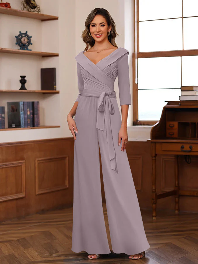 Ruched Chiffon V-Neck 3/4 Sleeves Mother of the Jumpsuit - Image 20
