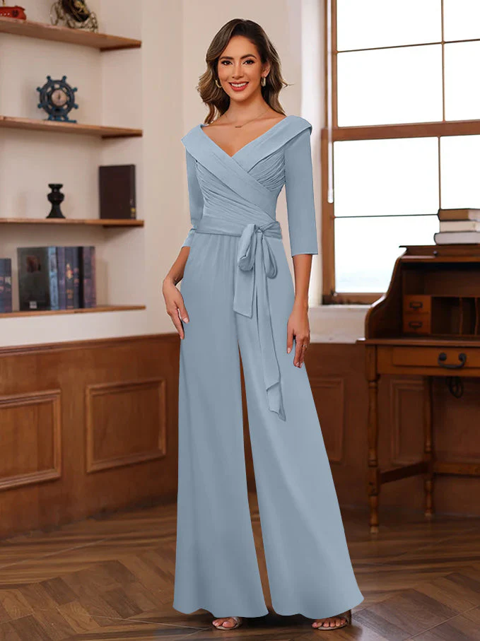 Ruched Chiffon V-Neck 3/4 Sleeves Mother of the Jumpsuit - Image 21