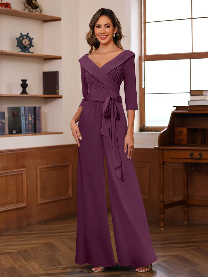 Ruched Chiffon V-Neck 3/4 Sleeves Mother of the Jumpsuit - Image 25