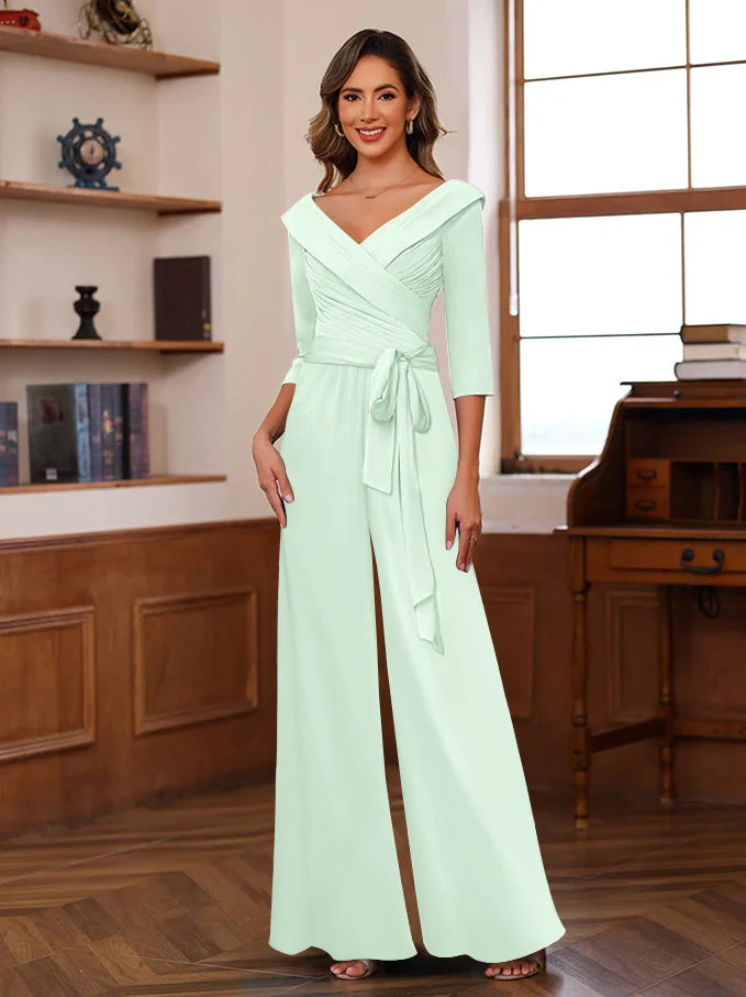 Ruched Chiffon V-Neck 3/4 Sleeves Mother of the Jumpsuit - Image 32