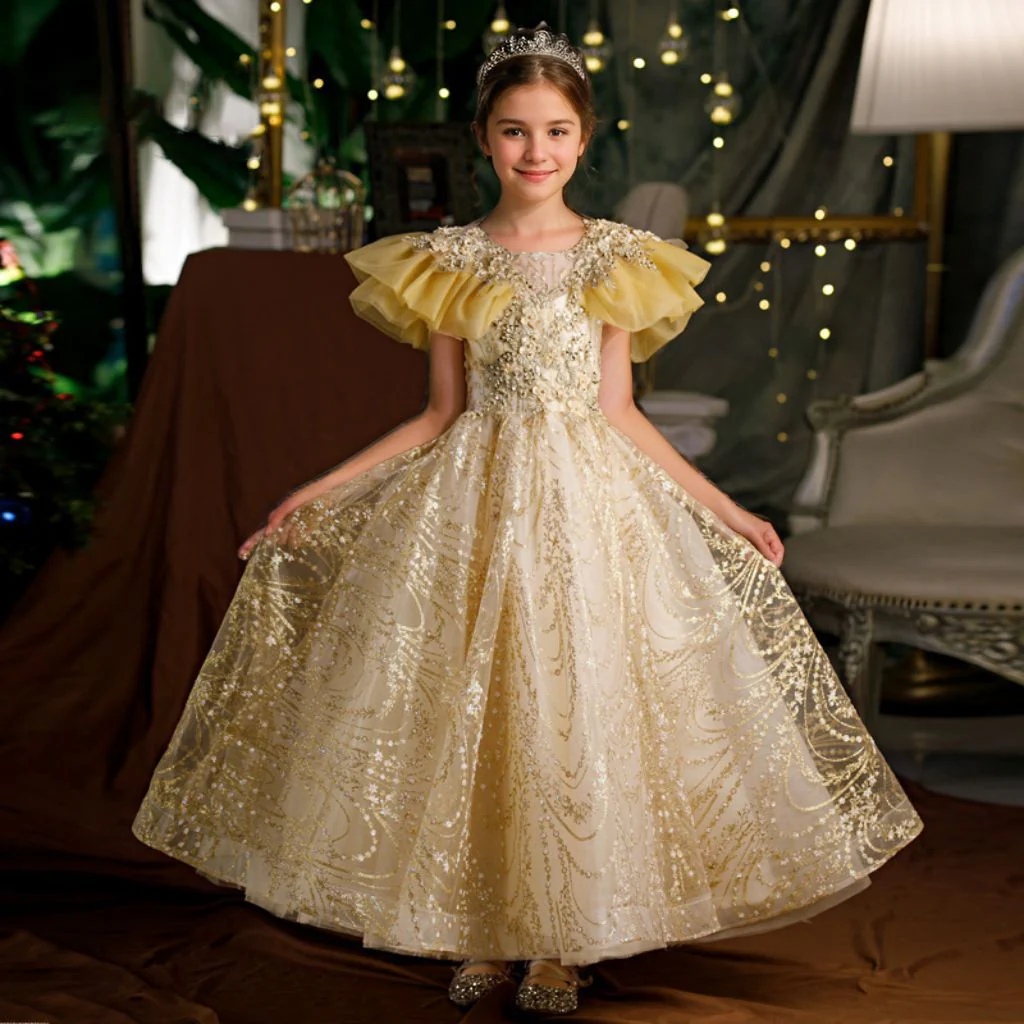 Ruffle Sleeves A-Line/Princess Floor Length Girl Party Dress with Rhinestones Appliques