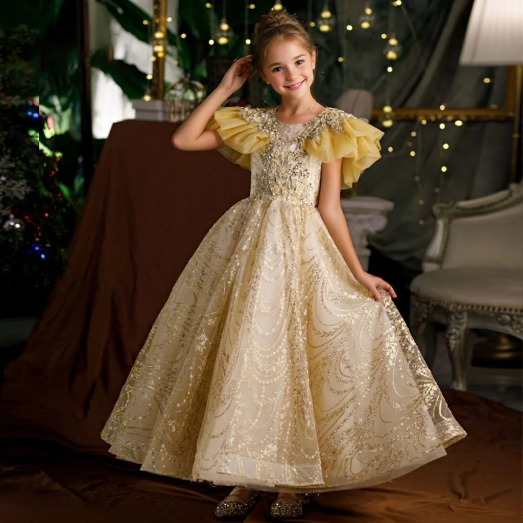 Ruffle Sleeves A-Line/Princess Floor Length Girl Party Dress with Rhinestones Appliques - Image 3