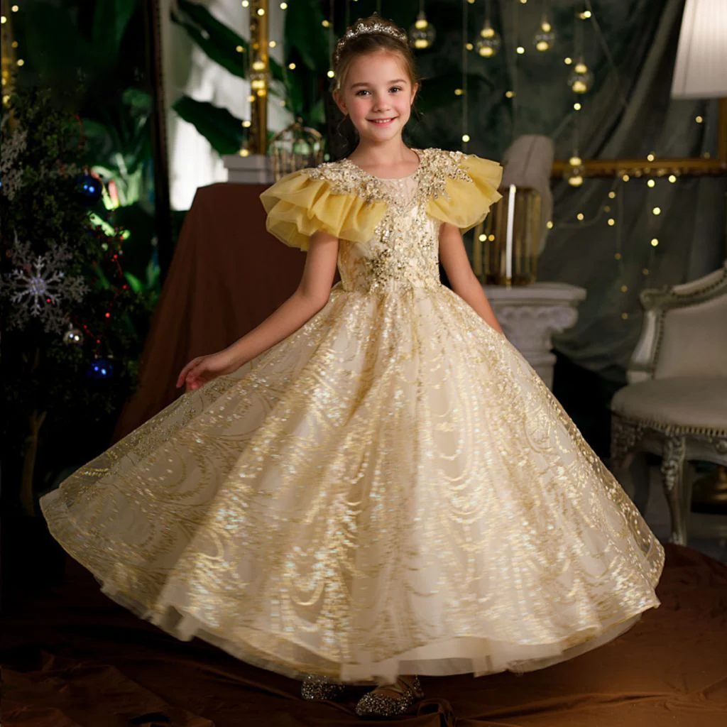 Ruffle Sleeves A-Line/Princess Floor Length Girl Party Dress with Rhinestones Appliques - Image 4