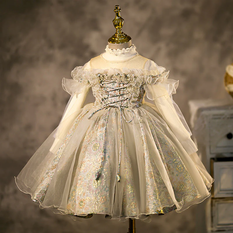 Ruffled short Sleeves Knee-Length Embroidery Flower Girl Dress with Beading - Image 4