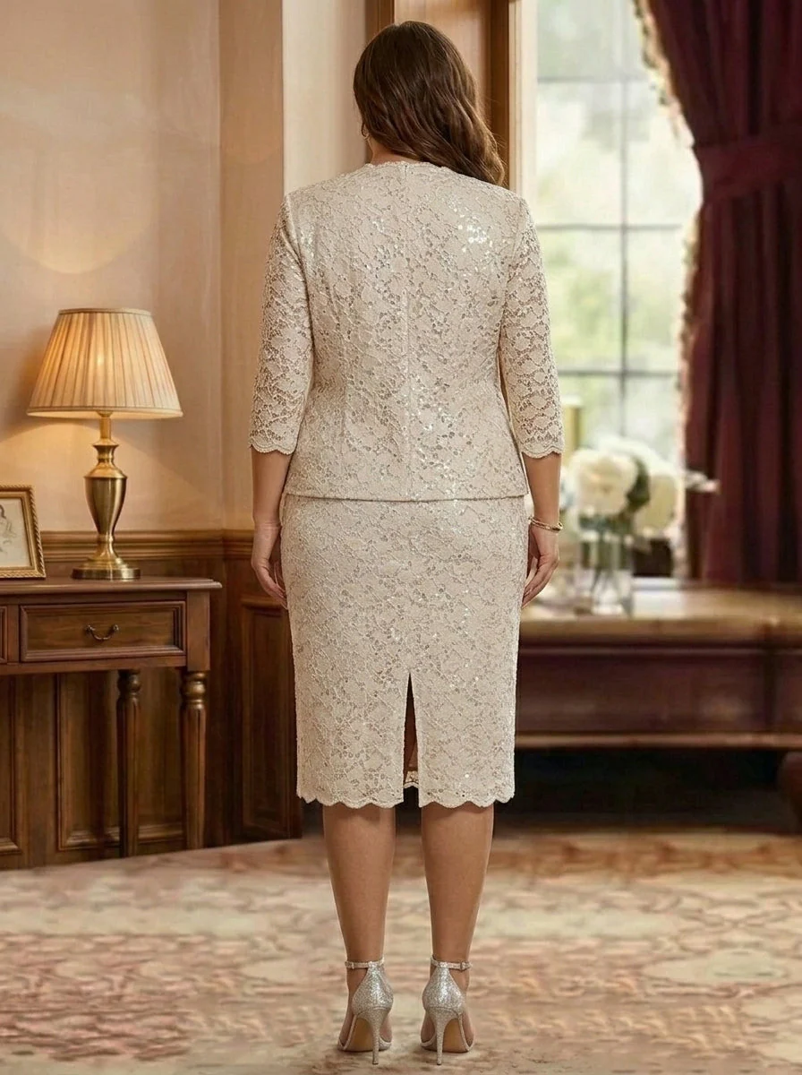 Sheath/Column 2 Pieces Scoop Lace Plus Size Mother of the Bride Dresses with Jacket 3/4 Sleeves Knee-Length - Image 2