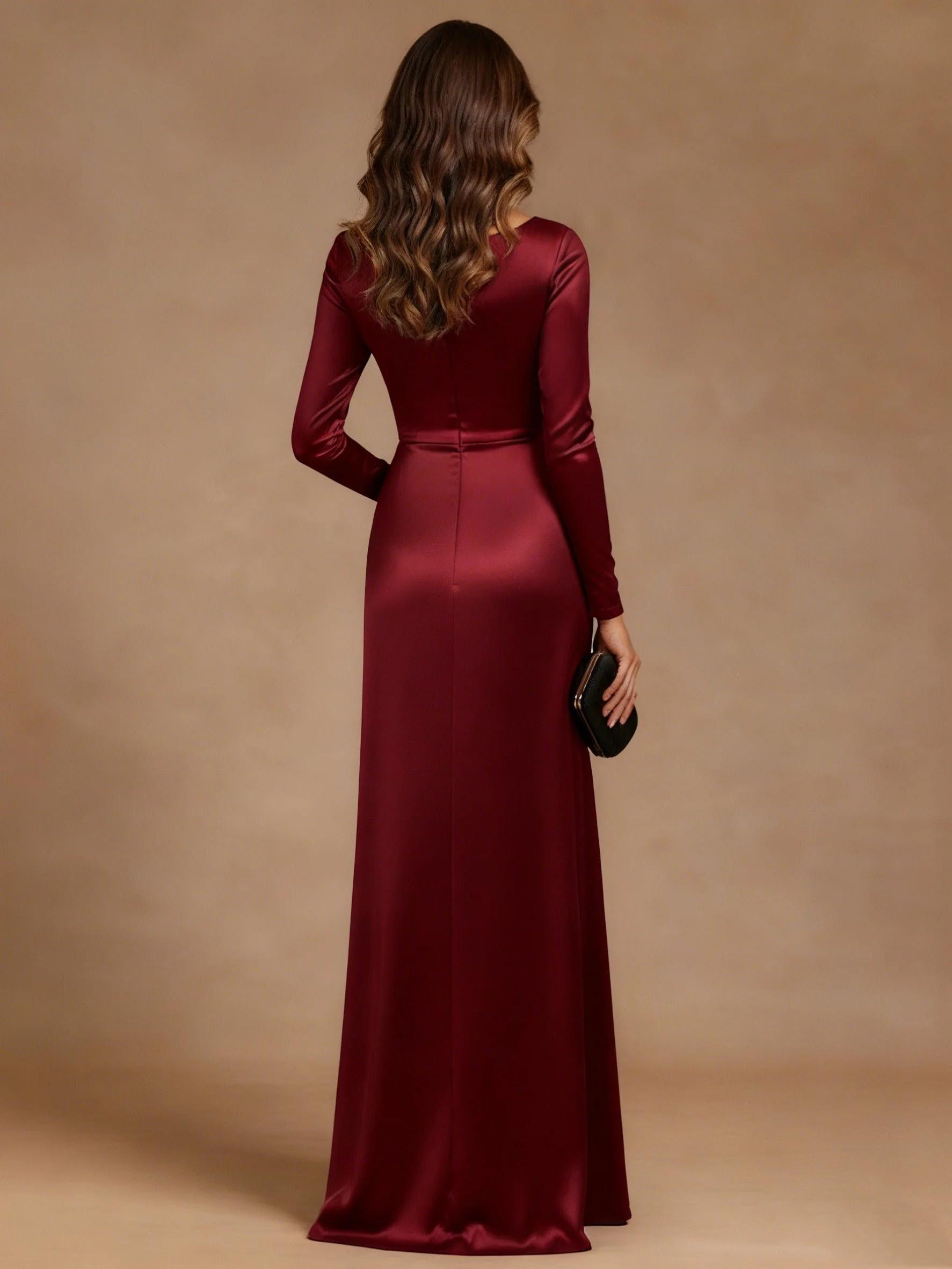 Sheath/Column Asymmetrical Neck Satin Mother of the Bride Dresses Rhinestone Long Sleeves Floor-Length Ruched - Image 2