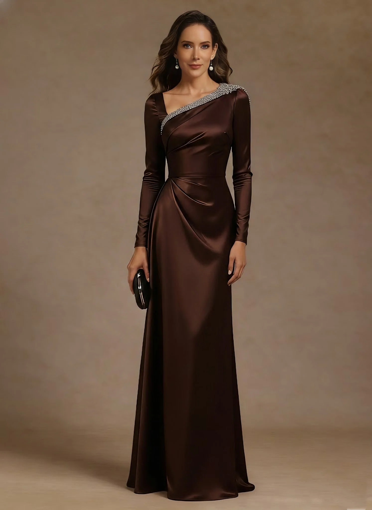 Sheath/Column Asymmetrical Neck Satin Mother of the Bride Dresses Rhinestone Long Sleeves Floor-Length Ruched - Image 3