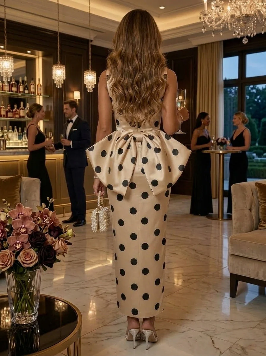 Sheath/Column Boat Collar Cocktail Dresses Sleeveless Polka Dot Print Ankle-Length Formal Dresses Bowknot - Image 2